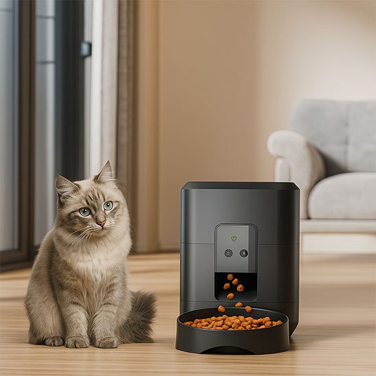 chat dans salon avec distributeur de croquettes pour chat​ cubique