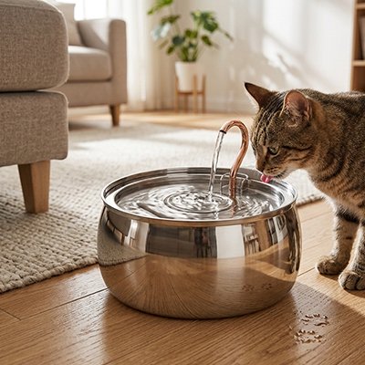 chat dans salon avec fontaine a eau chat
