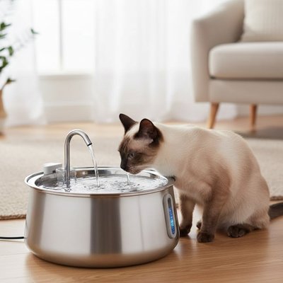 chat dans salon avec fontaine a eau chat