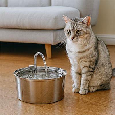 chat dans salon avec fontaine a eau pour chat