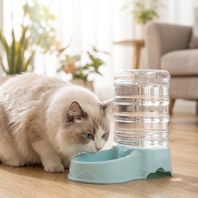 chat dans salon buvant dans distributeur eau pour chat bleu