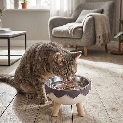 chat dans salon buvant dans gamelle surelevee chat rebord dentele couleur gris