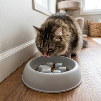 chat dans salon mangeant dans gamelle anti glouton chat patte de felin couleur gris