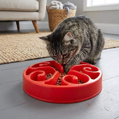 chat dans salon mangeant dans gamelle anti glouton chat labyrinthe rouge
