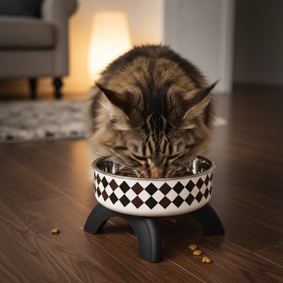 chat dans salon mangeant dans gamelle chat surelevee motifs geometriques carre