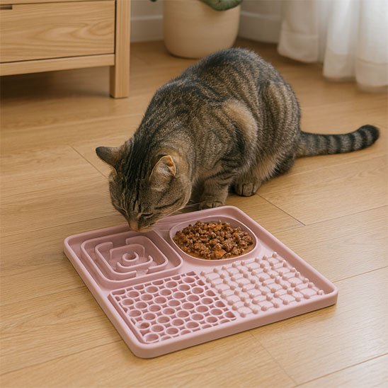 chat dans salon mangeant dans tapis de lechage compartimente rose