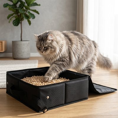 chat entrant dans bac à litière chat voyage