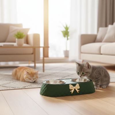 chat et chaton avec gamelle chat nœud papillon couleur vert dans salon