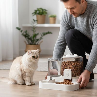 chat et maitre avec distributeur de croquettes pour chat