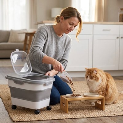 chat et maitresse avec boite à croquettes chat roulettes integrees couleur gris et blanc