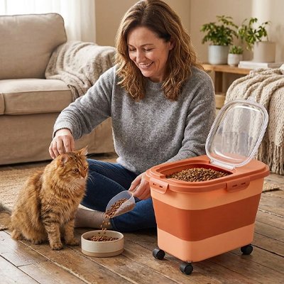 chat et maitresse avec boite à croquettes chat roulettes integrees couleur rose