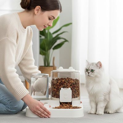 chat et maitresse avec distributeur de croquettes pour chat