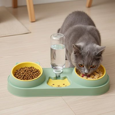 chat gris mangeant dans gamelle chat 3 en 1 couleur vert jaune dans salon