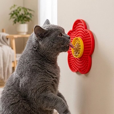 chat lechant tapis de lechage florale rouge salon