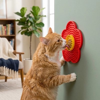 chat lechant tapis de lechage florale rouge