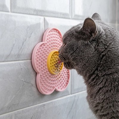 chat lechant tapis de lechage petales rose