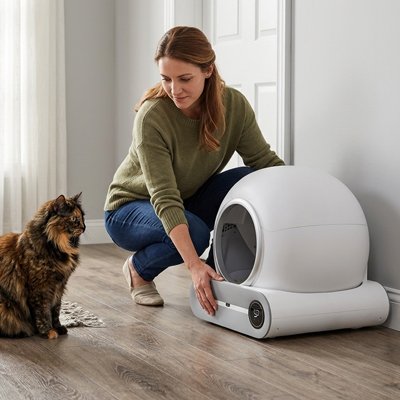 chat maitresse avec bac litière chat intelligent blanc