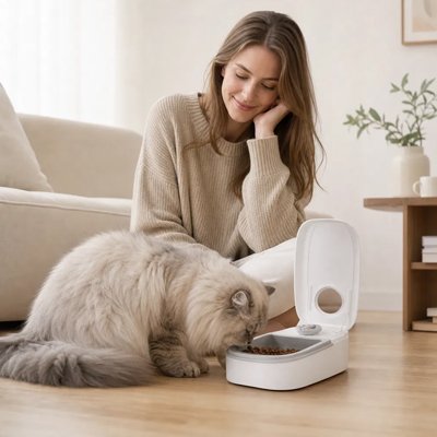 chat mangeant dans distributeur automatique croquettes chat avec maitresse
