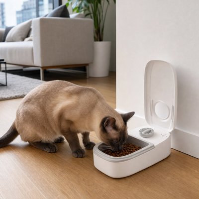 chat mangeant dans distributeur automatique croquettes chat minutrie integree