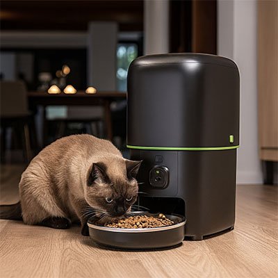 chat mangeant dans distributeur automatique croquettes chat couleur noir