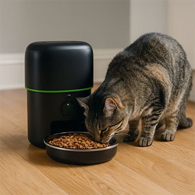 chat mangeant dans distributeur automatique croquettes chat dans salon