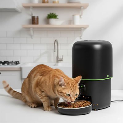 chat mangeant dans distributeur automatique croquettes chat dans cuisine