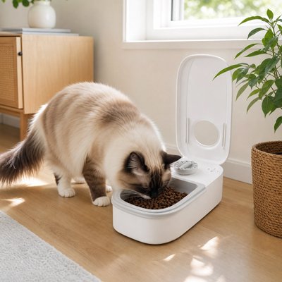 chat mangeant dans distributeur automatique croquettes chat dans salon