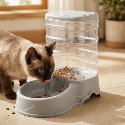 chat mangeant dans distributeur croquettes chat couleur gris dans salon