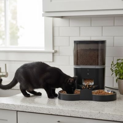 chat mangeant dans distributeur de croquettes chat connecte couleur noir dans cuisine