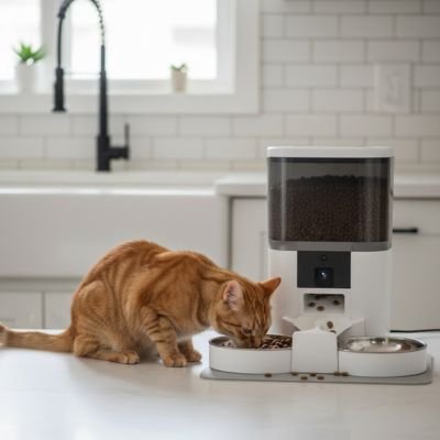 chat mangeant dans distributeur de croquettes chat connecte couleur blanc dans cuisine