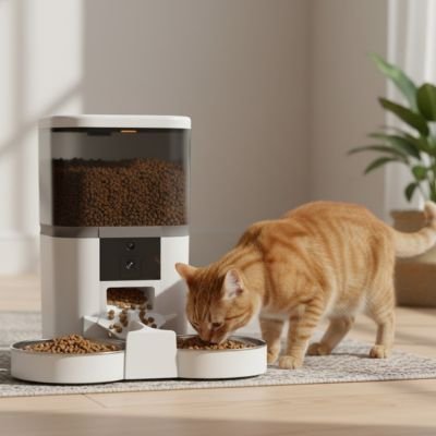 chat mangeant dans distributeur de croquettes chat connecte couleur blanc dans salon