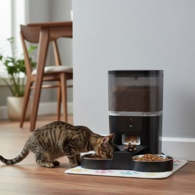 chat mangeant dans distributeur de croquettes chat connecte couleur noir dans salon