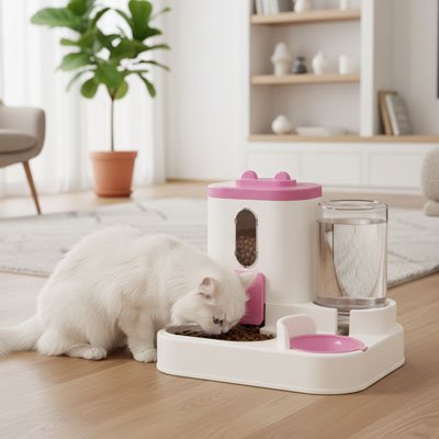 chat mangeant dans distributeur de croquettes pour chat rose