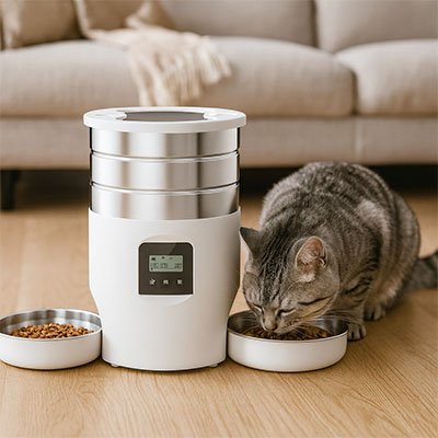 chat mangeant dans distributeur de croquettes pour chat blanc double bols