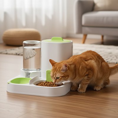 chat mangeant dans distributeur de croquettes pour chat monobloc vert