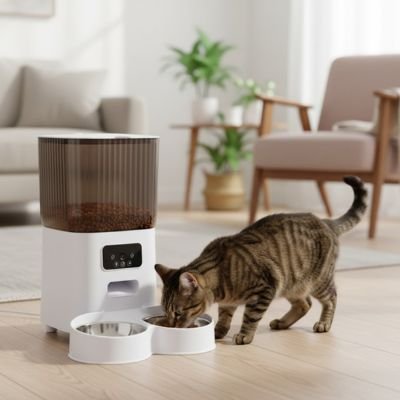 chat mangeant dans distributeur de croquettes pour chat dans salon