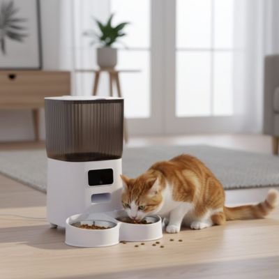 chat mangeant dans distributeur de croquettes pour chat deux bols