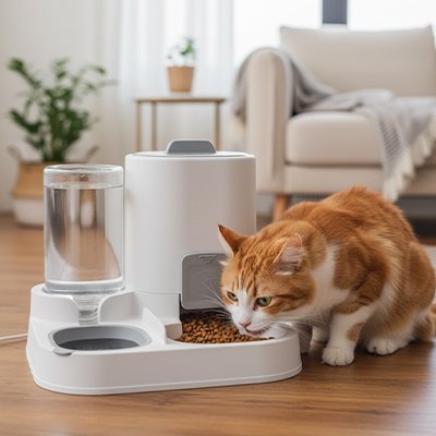 chat mangeant dans distributeur de croquettes pour chat monobloc gris