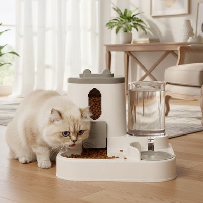 chat mangeant dans distributeur de croquettes pour chat gris