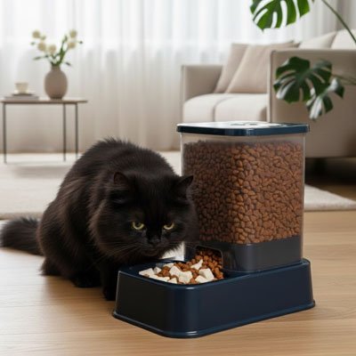chat mangeant dans distributeur de croquettes pour chat bleu