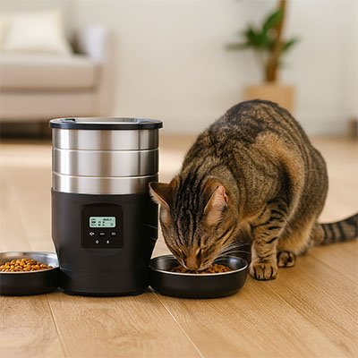 chat mangeant dans distributeur de croquettes pour chat noir dans salon