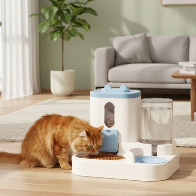 chat mangeant dans distributeur de croquettes pour chat bleu