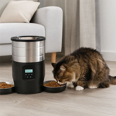 chat mangeant dans distributeur de croquettes pour chat noir double bols