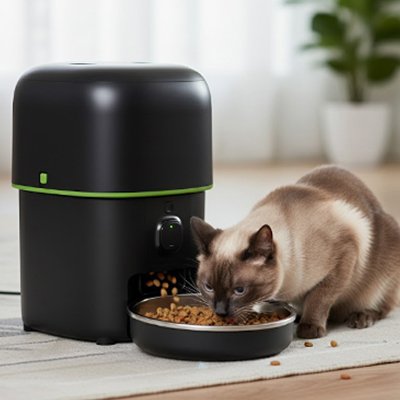 chat mangeant dans distributeur de croquettes pour chat automatique noir