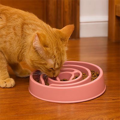 chat mangeant dans gamelle anti glouton chat amusante rose