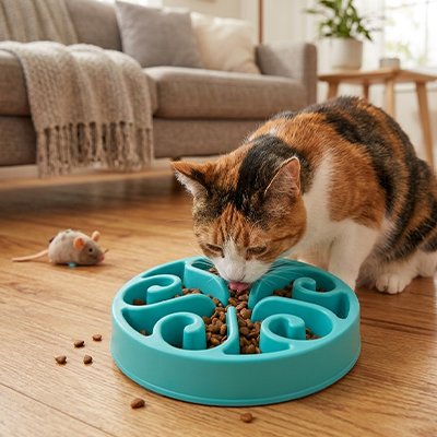 chat mangeant dans gamelle anti glouton chat bleu