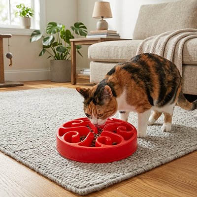 chat mangeant dans gamelle anti glouton chat labyrinthe rouge