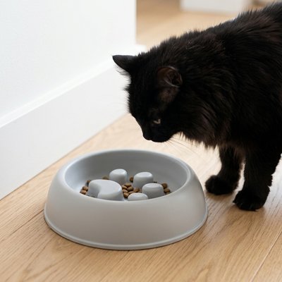 chat mangeant dans gamelle anti glouton chat patte de felin couleur gris