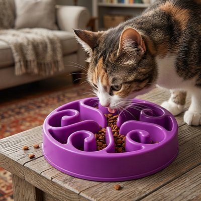 chat mangeant dans gamelle anti glouton chat violet