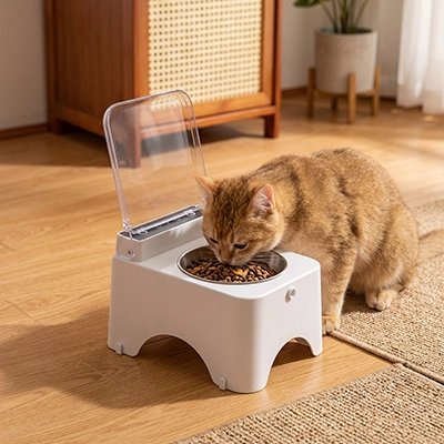 chat mangeant dans gamelle automatique chat blanche